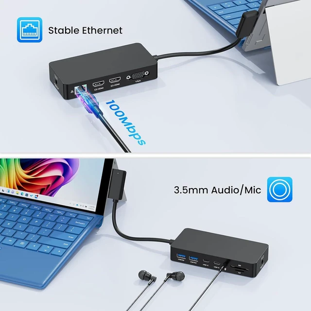Alt view image 6 of 7 - Surface Docking Station, 12-in-1 Surface Dock Triple Displays Dual HDMI 4K@60HZ+VGA, Surface Pro Docking Station for Surface Pro 11/10/9/8/X/7/6/5/4/3, Surface Book, Surface Laptop, Surface Go Dock