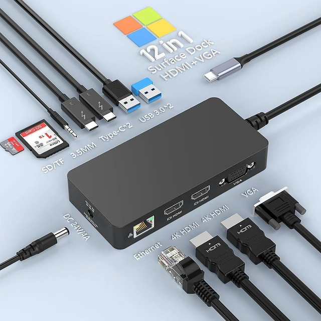 Main image of USB C Surface Docking Station Thunderbolt 4 Dock Dual Monitor/Triple Display 4K HDMI*2+VGA, USB-C Hub 12 in 1 Surface Docking with Power Supply for Surface Pro 11/10/9, Surface Laptop 7/6/5, Laptop Go