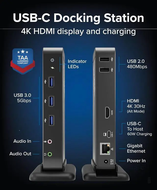 Alt view image 2 of 7 - Plugable USB-C Dock with 4K HDMI and 60W Charging, Compatible with MacBook Neo, Thunderbolt 3/4, USB4, and USB-C macOS, Windows, and Chromebook, 1Gbps Ethernet, 3X USB 3.0, 2X USB 2.0, Driverless