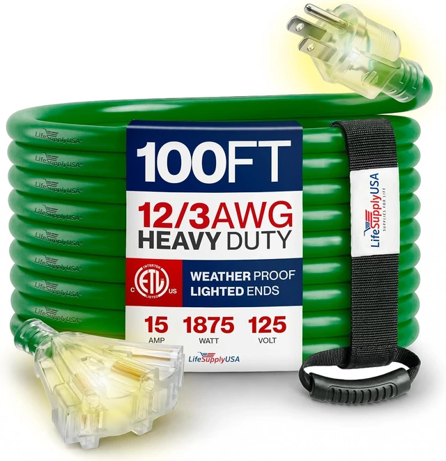 Main image of 100ft Outdoor/Indoor Extension Cord 3-Outlet 12/3 Gauge Extra Heavy Duty ETL Listed, 3 Prong SJTW, Waterproof, Flexible Cold-Resistant Long Power Cord,15A 125V 1875W, Green by LifeSupplyUSA