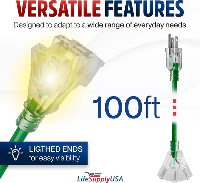 Alt view image 6 of 7 - 100ft Outdoor/Indoor Extension Cord 3-Outlet 12/3 Gauge Extra Heavy Duty ETL Listed, 3 Prong SJTW, Waterproof, Flexible Cold-Resistant Long Power Cord,15A 125V 1875W, Green by LifeSupplyUSA