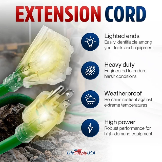 Alt view image 2 of 7 - 100ft Outdoor/Indoor Extension Cord 3-Outlet 12/3 Gauge Extra Heavy Duty ETL Listed, 3 Prong SJTW, Waterproof, Flexible Cold-Resistant Long Power Cord,15A 125V 1875W, Green by LifeSupplyUSA