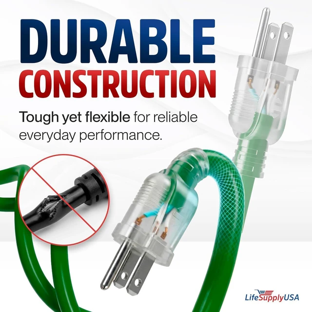 Alt view image 3 of 7 - 100ft Outdoor/Indoor Extension Cord 3-Outlet 12/3 Gauge Extra Heavy Duty ETL Listed, 3 Prong SJTW, Waterproof, Flexible Cold-Resistant Long Power Cord,15A 125V 1875W, Green by LifeSupplyUSA