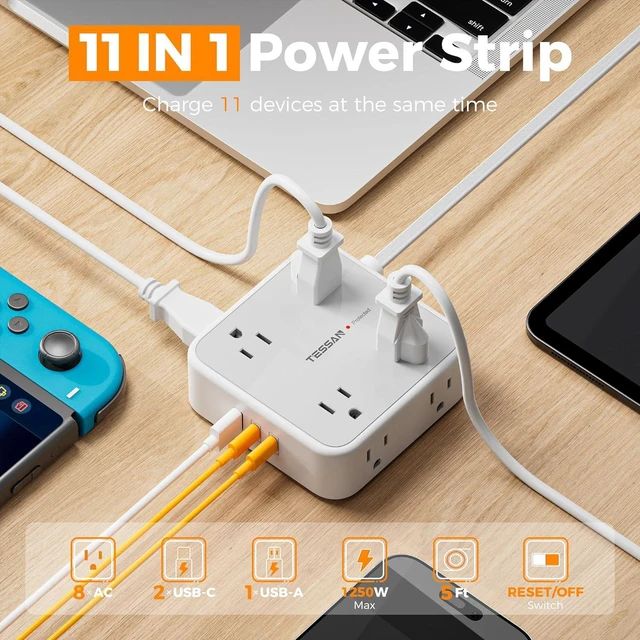 Alt view image 2 of 5 - Flat Plug Power Bar, TESSAN 5 Ft Extension Cord Indoor with 8 Multi Outlets and 3 USB (2 USB C), Surge Protector Power Strip, Wall Mount Charging Station for Home Office Dorm, Gray