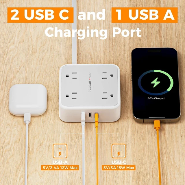 Alt view image 3 of 5 - Flat Plug Power Bar, TESSAN 5 Ft Extension Cord Indoor with 8 Multi Outlets and 3 USB (2 USB C), Surge Protector Power Strip, Wall Mount Charging Station for Home Office Dorm, Gray