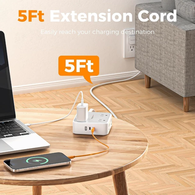 Alt view image 4 of 5 - Flat Plug Power Bar, TESSAN 5 Ft Extension Cord Indoor with 8 Multi Outlets and 3 USB (2 USB C), Surge Protector Power Strip, Wall Mount Charging Station for Home Office Dorm, Gray
