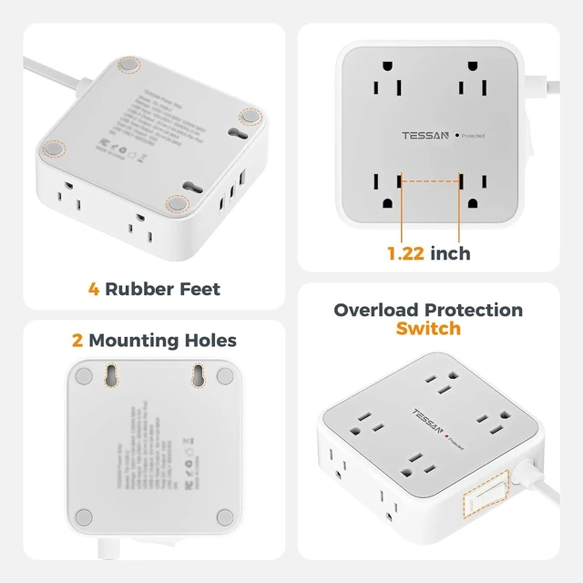 Alt view image 5 of 5 - Flat Plug Power Bar, TESSAN 5 Ft Extension Cord Indoor with 8 Multi Outlets and 3 USB (2 USB C), Surge Protector Power Strip, Wall Mount Charging Station for Home Office Dorm, Gray