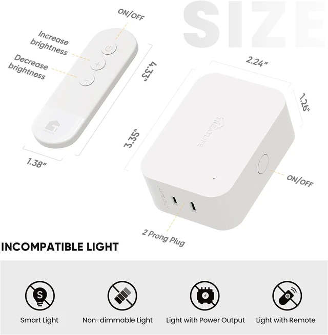 Alt view image 2 of 7 - TREATLIFE 2 in 1 Dimmer Plug with Remote, Wireless Remote Control Outlet, Up to 100FT Range, Plug-in Dimmer Switch for Dimmable Bulbs, String Lights, Max Power 300W