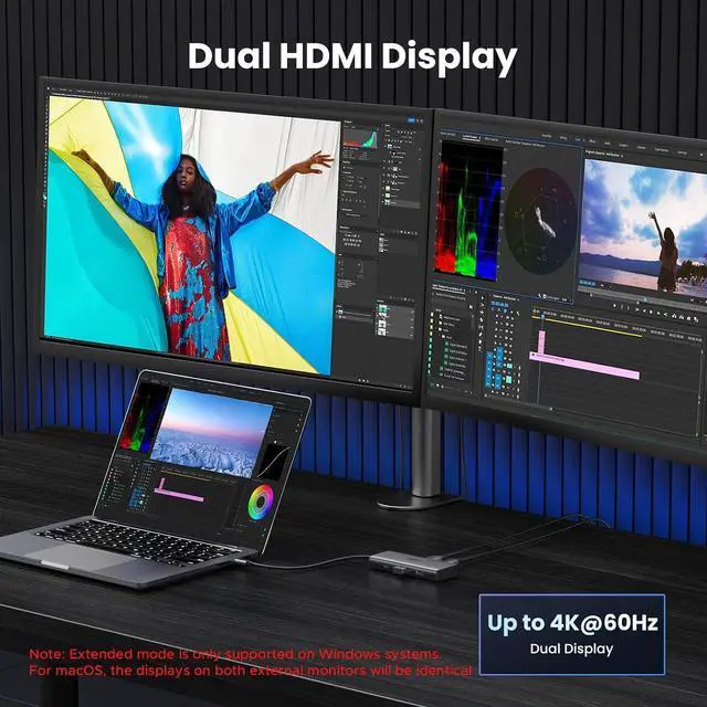 Alt view image 3 of 7 - UGREEN 6 in 1 Docking Station for Laptop Dual Monitor, Dual 4K@60Hz Single 8K@30Hz, 85W Fast Charging, 2 USB A&USB C Data Ports 5Gbps, USB C Dock Compatible with MacBook Air/Pro, HP, ASUS, XPS13/15