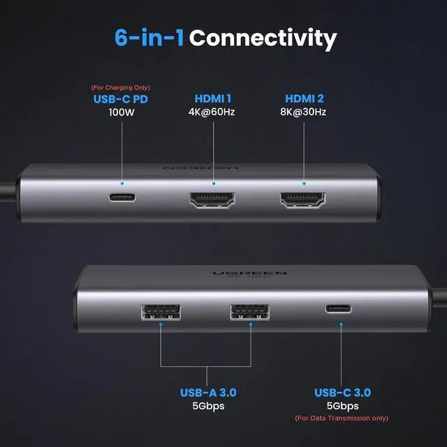 Alt view image 2 of 7 - UGREEN 6 in 1 Docking Station for Laptop Dual Monitor, Dual 4K@60Hz Single 8K@30Hz, 85W Fast Charging, 2 USB A&USB C Data Ports 5Gbps, USB C Dock Compatible with MacBook Air/Pro, HP, ASUS, XPS13/15