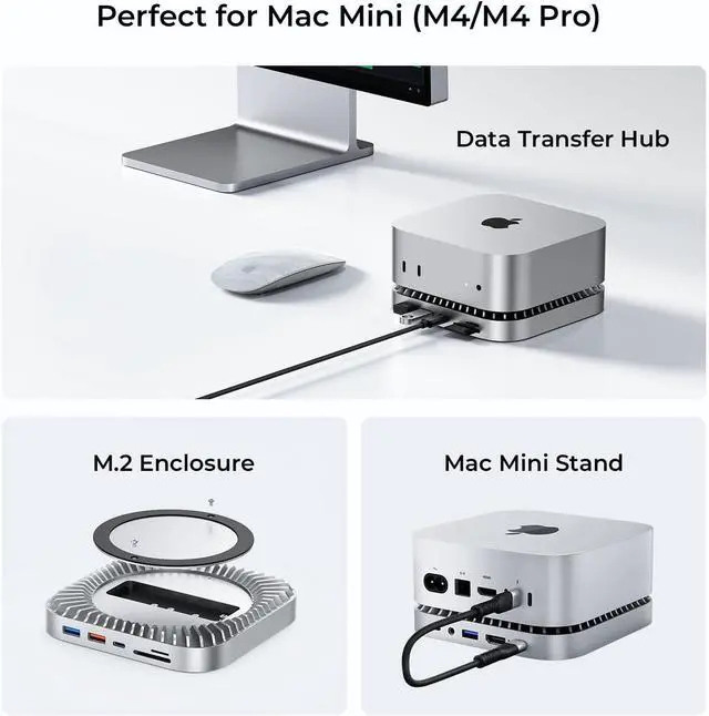 Alt view image 3 of 7 - Mac mini M4 Dock, Aluminum Stand and HDMI Hub for Mac mini M4 and M4 Pro 2024 with M.2 NVMe/SATA SSD Enclosure, 4K60Hz HDMI,10G USB A/C, 5G USB A*2, USB-C Charge, SD/TF, Audio
