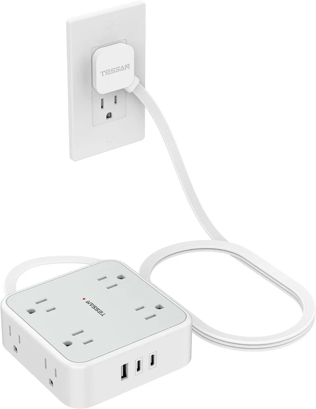 Main image of Flat Plug Power Bar, TESSAN 5 Ft Extension Cord Indoor with 8 Multi Outlets and 3 USB (2 USB C), Surge Protector Power Strip, Wall Mount Charging Station for Home Office Dorm, Gray