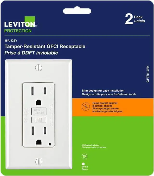 Alt view image 2 of 7 - Leviton 2-Pack GFCI, 15 Amp Tamper-Resistant Receptacle with Led Indicator, GFTR1-2PK, White