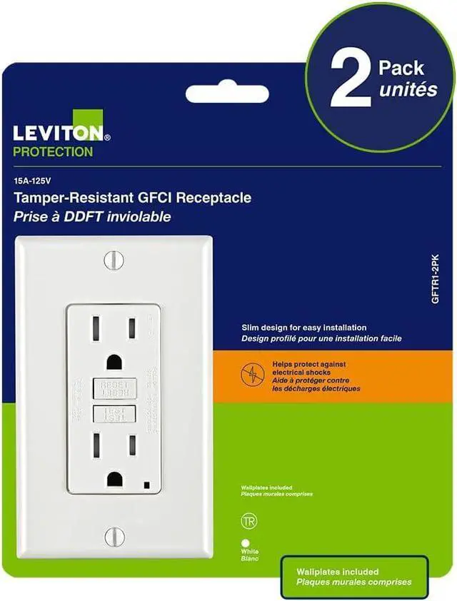 Alt view image 3 of 7 - Leviton 2-Pack GFCI, 15 Amp Tamper-Resistant Receptacle with Led Indicator, GFTR1-2PK, White