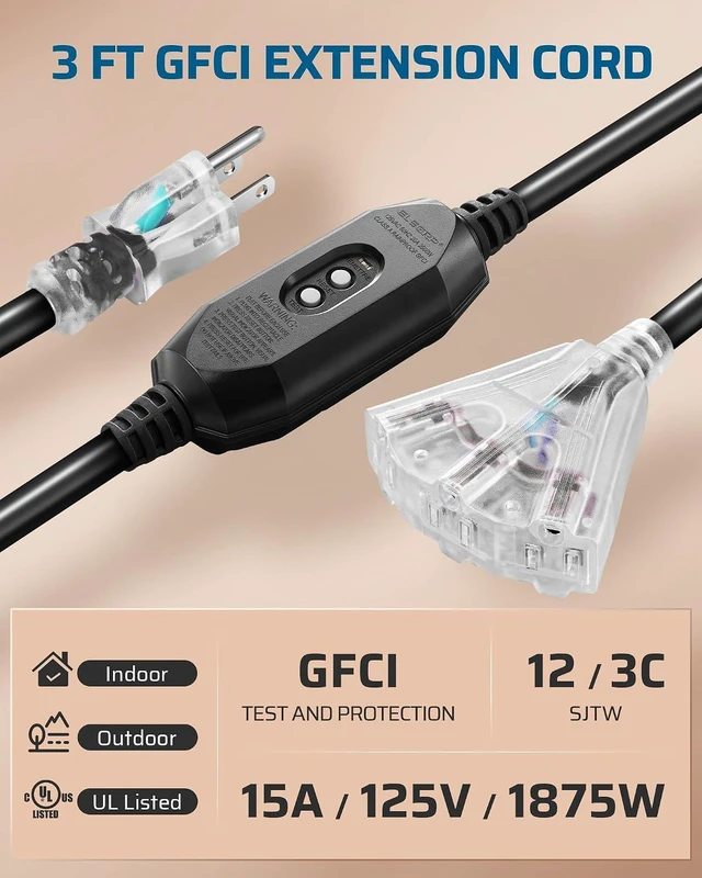 Alt view image 2 of 7 - DEWENWILS 3 FT Indoor Tri-Tap GFCI Extension Cord, 12/3 Gauge SJTW 15 Amp Outer Jacket Contractor Grade Heavy Duty Power Cable with LED Lighted 3 Prong Ground Plug, UL Listed, Black