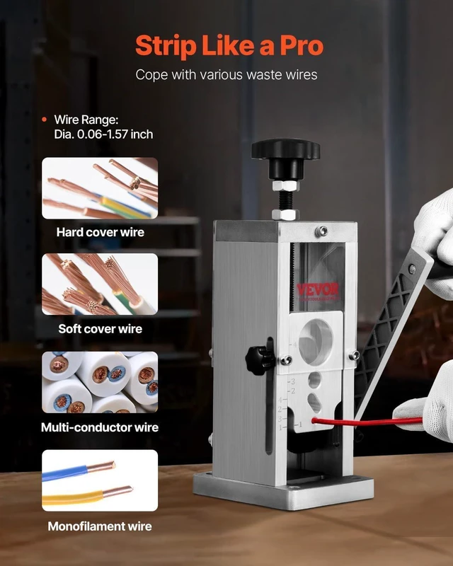 Alt view image 2 of 7 - VEVOR Manual Wire Stripping Machine,0.06-1.57 in Copper Stripper with Hand Crank or Drill Powered, Visible Stripping Depth Reference, Portable Aluminum Frame Wire Peeler for Scrap Copper Recycling