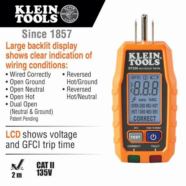 Alt view image 2 of 7 - Klein Tools RT250KIT Non-Contact Voltage Tester and GFCI Receptacle Tester with LCD and Flashlight, Voltage Electrical Test Kit