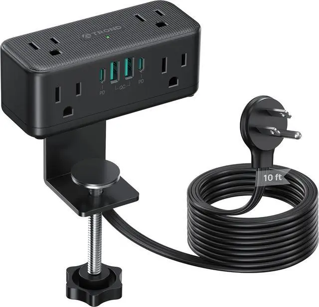 Main image of Compact Desk Clamp Power Strip 10 ft, Fit 2.16" Tabletop Edge, Black | Flat Plug Fit Behind Furniture, 6 AC, 2 USB-C PD 20W, 2 USB-A, 900J, Space-saving for Small Home Office Desk Accessories