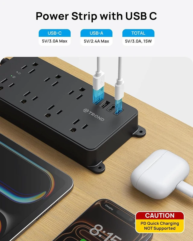 Alt view image 4 of 7 - TROND 15ft Long Extension Cord USB C, ETL Listed, Thin Flat Plug Power Bar Surge Protector, 7 Multiple Outlets, Desk Strip Wall Mount, Home Office Supplies Dorm Room Essentials, Black