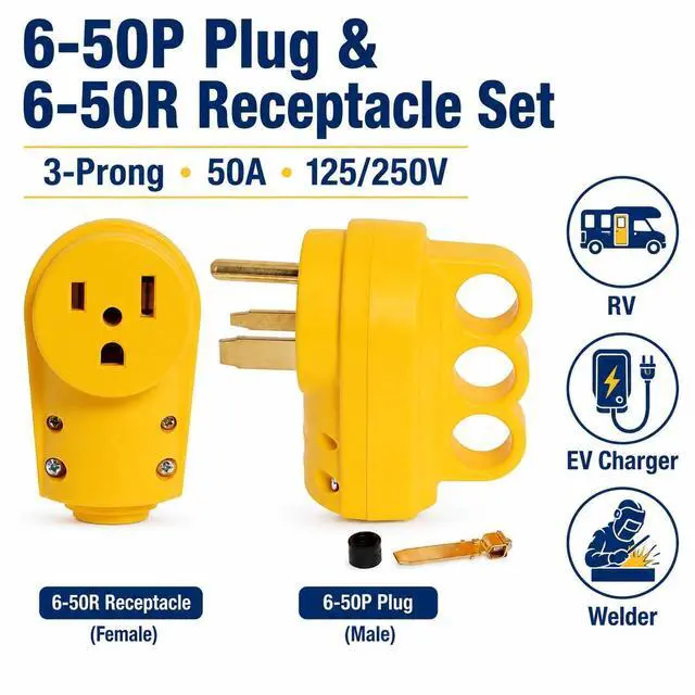 Alt view image 2 of 7 - 50 Amp RV Plug Replacement Male and Female Plug Set, NEMA 6-50 Plug & 6-50 Receptacle 3-Prong 240V Heavy Duty Welder Plug for Campers, Trailer & EV