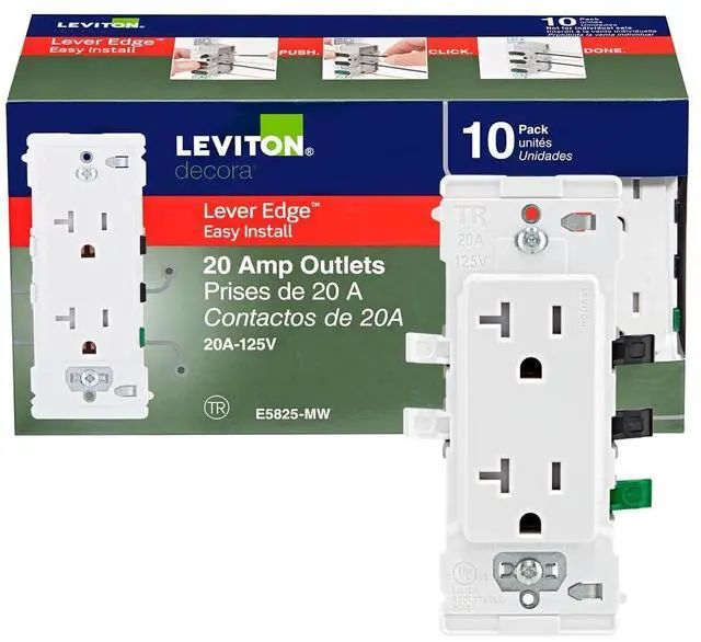 Main image of Leviton Lever Edge 20 Amp 10-Pack, Tamper-Resistant Duplex Receptacle Outlet, E5825-0MW, White
