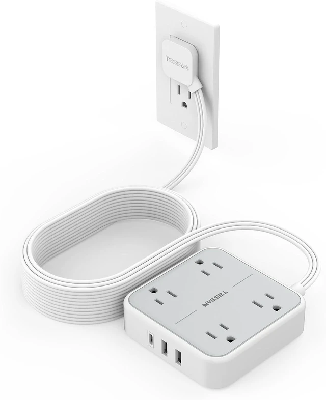 Main image of Flat Plug Extension Cord Indoor 15 Ft, Power Bars with Surge Protector, TESSAN Power Strip with 4 Multiple Outlets 3 USB Ports (1 USB C), Surge Protection for Dorm Room Home Office, Gray