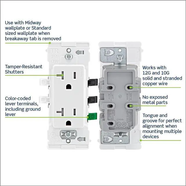 Alt view image 4 of 7 - Leviton Lever Edge 20 Amp 10-Pack, Tamper-Resistant Duplex Receptacle Outlet, E5825-0MW, White
