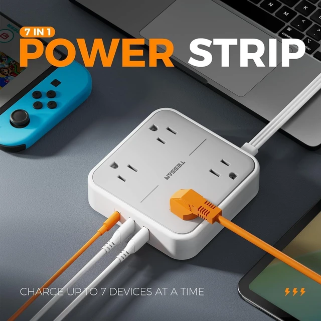 Alt view image 2 of 6 - Flat Plug Extension Cord Indoor 15 Ft, Power Bars with Surge Protector, TESSAN Power Strip with 4 Multiple Outlets 3 USB Ports (1 USB C), Surge Protection for Dorm Room Home Office, Gray