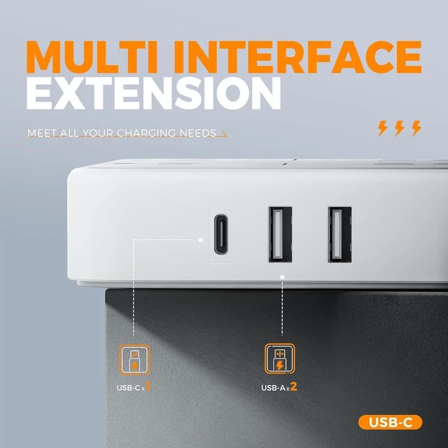 Alt view image 3 of 6 - Flat Plug Extension Cord Indoor 15 Ft, Power Bars with Surge Protector, TESSAN Power Strip with 4 Multiple Outlets 3 USB Ports (1 USB C), Surge Protection for Dorm Room Home Office, Gray