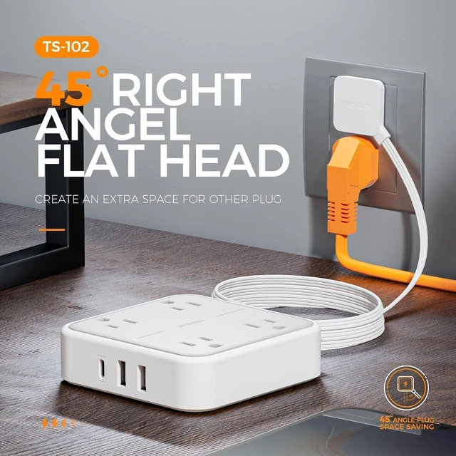 Alt view image 4 of 6 - Flat Plug Extension Cord Indoor 15 Ft, Power Bars with Surge Protector, TESSAN Power Strip with 4 Multiple Outlets 3 USB Ports (1 USB C), Surge Protection for Dorm Room Home Office, Gray