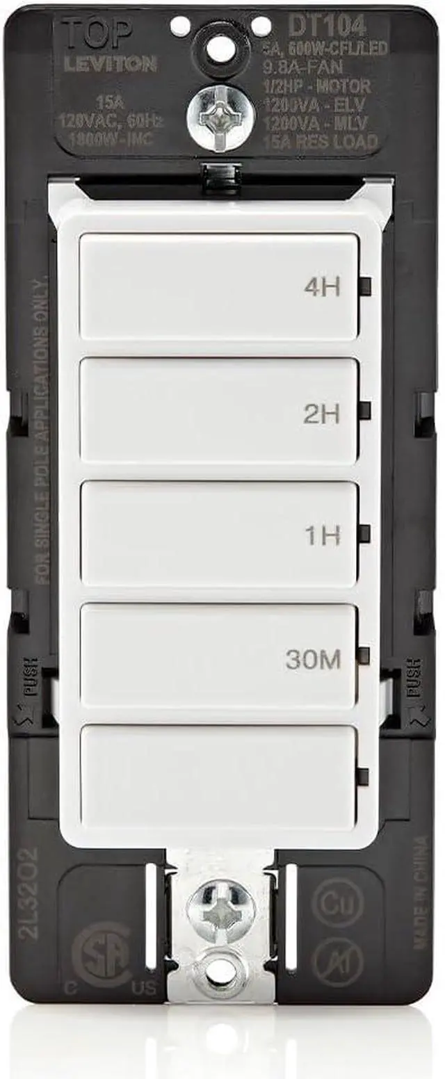 Main image of Leviton Countdown Timer Switch for Household Lights, heaters and Exhaust Fans, 30 min, 1-2-4 Hour, No Neutral Wire Required, Single Pole, 15A, 1/2 HP/9.8A Fan/Motor, DT104-1LW, White