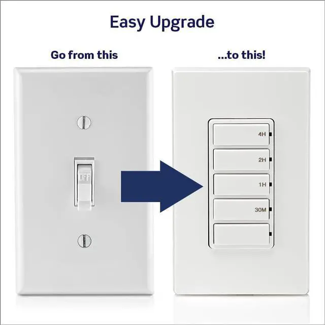 Alt view image 2 of 7 - Leviton Countdown Timer Switch for Household Lights, heaters and Exhaust Fans, 30 min, 1-2-4 Hour, No Neutral Wire Required, Single Pole, 15A, 1/2 HP/9.8A Fan/Motor, DT104-1LW, White