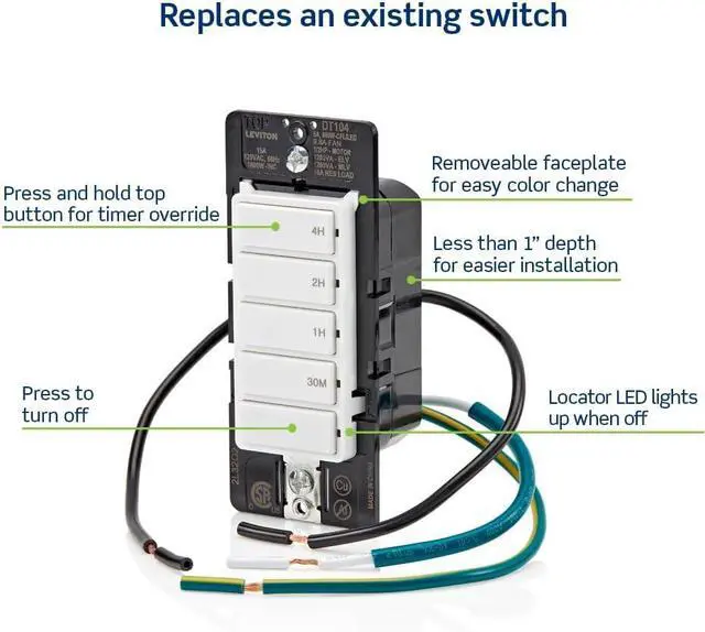 Alt view image 3 of 7 - Leviton Countdown Timer Switch for Household Lights, heaters and Exhaust Fans, 30 min, 1-2-4 Hour, No Neutral Wire Required, Single Pole, 15A, 1/2 HP/9.8A Fan/Motor, DT104-1LW, White