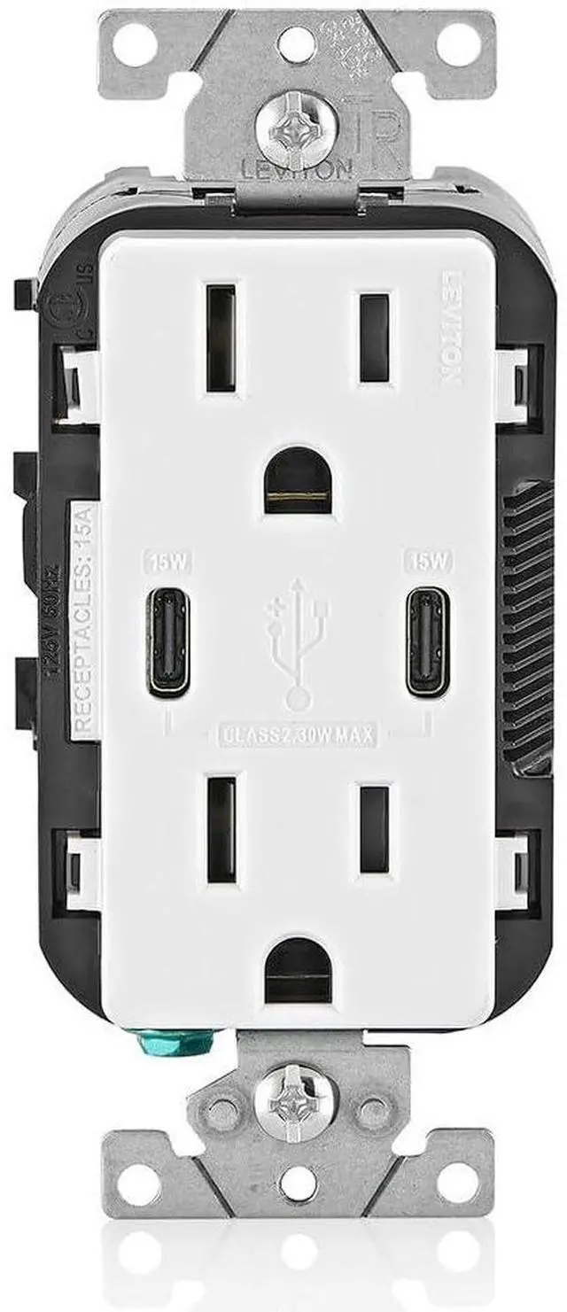 Main image of Leviton USB Dual Type-C Receptacle 15 Amp, Tamper-Resistant, T5637-W, White