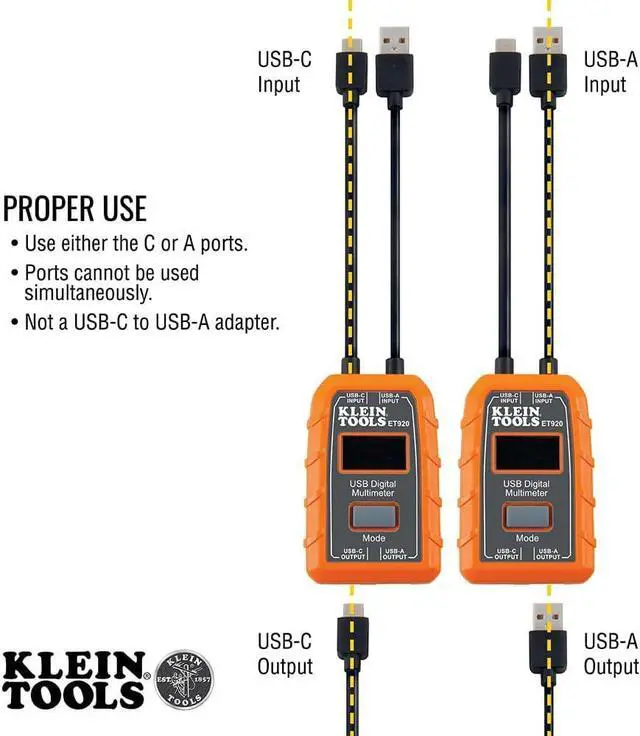 Alt view image 3 of 7 - Klein Tools ET920 USB Power Meter, USB-A and USB-C Digital Meter for Voltage, Current, Capacity, Energy and Resistance