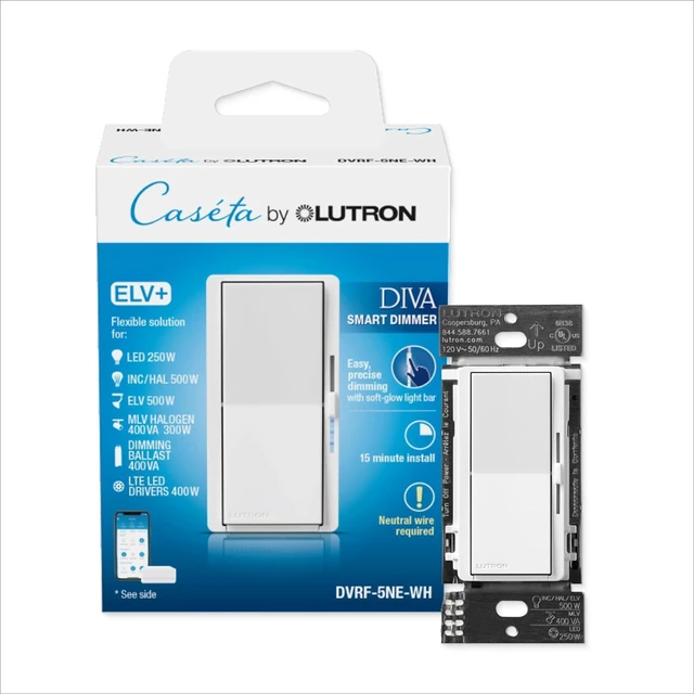 Main image of Lutron Diva Smart Dimmer Switch ELV+ for Caseta Smart Lighting (Lutron Smart Hub Required), 250-Watt LED, Neutral Required, DVRF-5NE-WH, White