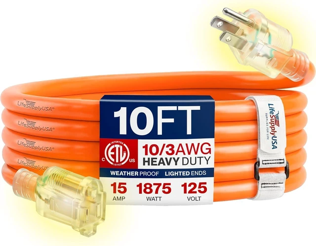 Main image of 10ft Outdoor/Indoor Extension Cord 10/3 Gauge Ultra Heavy Duty 3 Prong SJTW, Waterproof, ETL Listed, Flexible Cold-Resistant Long Power Cord,15A 125V 1875W, Orange by LifeSupplyUSA