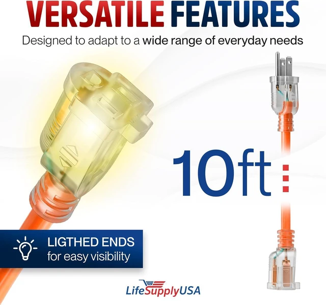 Alt view image 6 of 7 - 10ft Outdoor/Indoor Extension Cord 10/3 Gauge Ultra Heavy Duty 3 Prong SJTW, Waterproof, ETL Listed, Flexible Cold-Resistant Long Power Cord,15A 125V 1875W, Orange by LifeSupplyUSA