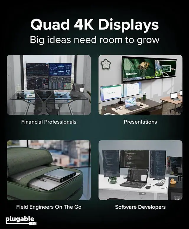 Alt view image 2 of 7 - Plugable USB C to Quad HDMI 4K Adapter with 100W PD Pass-Though Power Delivery for Windows, Mac M1/M2/M3/M4, Thunderbolt, and USB-C Laptops | TAA, DisplayLink Pro, Driver Required (USBC-7400H4)