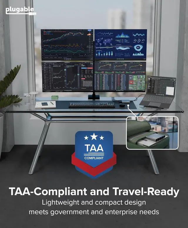 Alt view image 7 of 7 - Plugable USB C to Quad HDMI 4K Adapter with 100W PD Pass-Though Power Delivery for Windows, Mac M1/M2/M3/M4, Thunderbolt, and USB-C Laptops | TAA, DisplayLink Pro, Driver Required (USBC-7400H4)