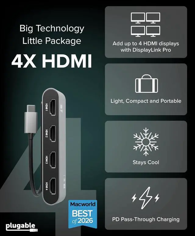 Alt view image 3 of 7 - Plugable USB C to Quad HDMI 4K Adapter with 100W PD Pass-Though Power Delivery for Windows, Mac M1/M2/M3/M4, Thunderbolt, and USB-C Laptops | TAA, DisplayLink Pro, Driver Required (USBC-7400H4)