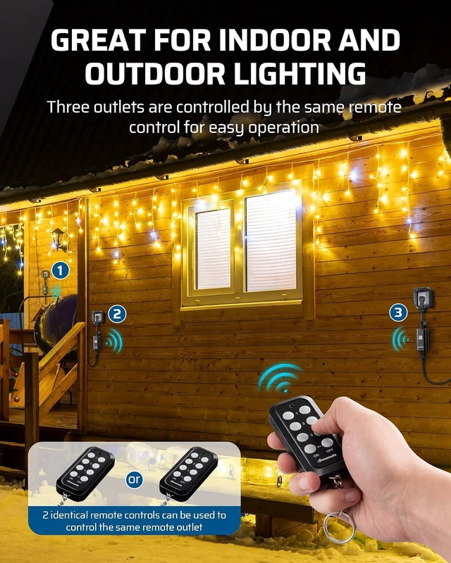 Alt view image 5 of 7 - DEWENWILS Outdoor Remote Control Outlet, Weatherproof Heavy Duty 15A Wireless Remote Control Switch, 100FT Control Range, 2 Remotes & 3 Outlets, FCC Listed (Battery Included)