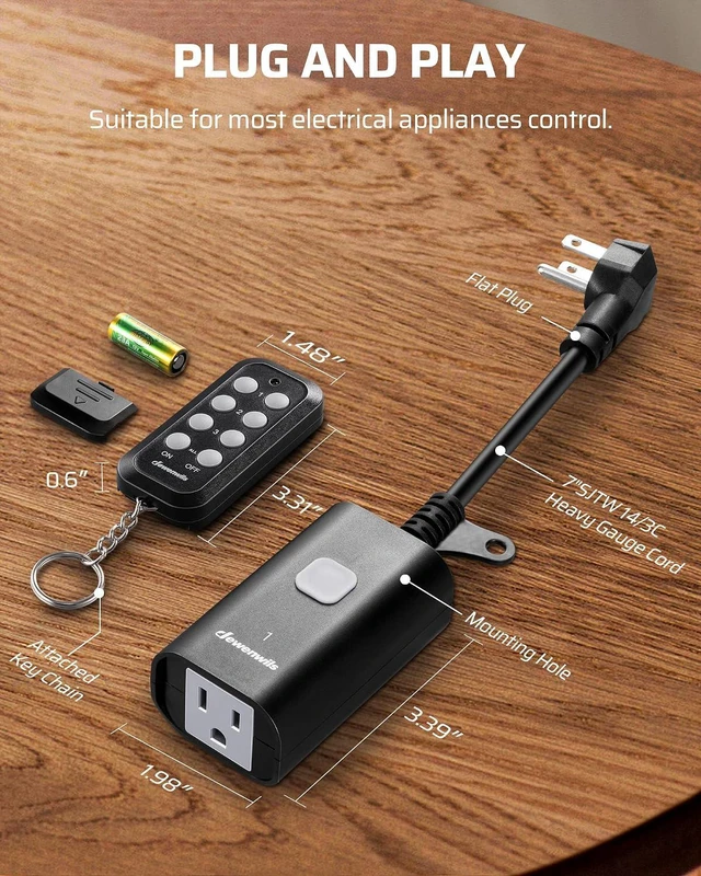 Alt view image 6 of 7 - DEWENWILS Outdoor Remote Control Outlet, Weatherproof Heavy Duty 15A Wireless Remote Control Switch, 100FT Control Range, 2 Remotes & 3 Outlets, FCC Listed (Battery Included)