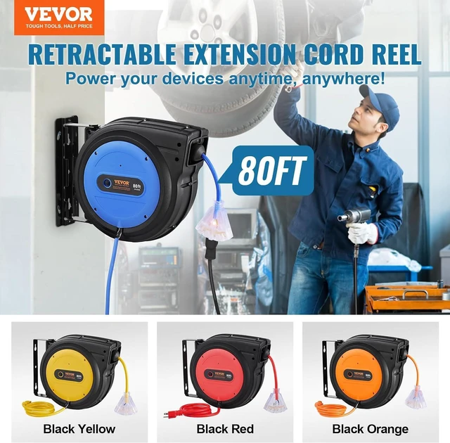 Alt view image 2 of 7 - VEVOR Retractable Extension Cord Reel, 80 FT, Heavy Duty 12AWG/3C SJTOW Retractable Power Cord with Lighted Triple Tap Outlet, 15 Amp Circuit Breaker 180° Swivel Bracket for Ceiling or Wall Mount
