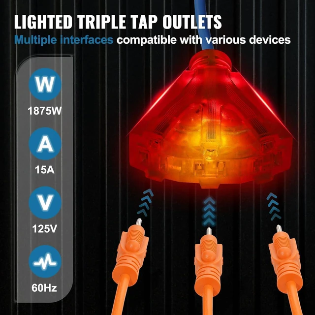 Alt view image 3 of 7 - VEVOR Retractable Extension Cord Reel, 80 FT, Heavy Duty 12AWG/3C SJTOW Retractable Power Cord with Lighted Triple Tap Outlet, 15 Amp Circuit Breaker 180° Swivel Bracket for Ceiling or Wall Mount