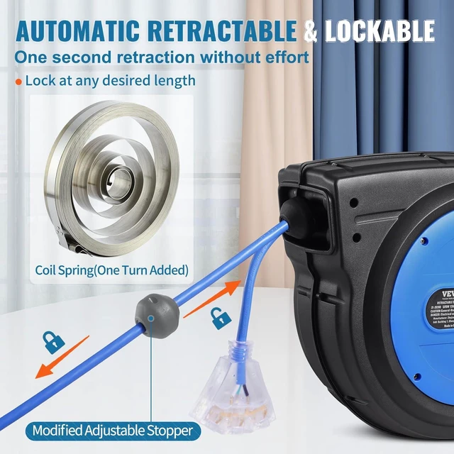 Alt view image 5 of 7 - VEVOR Retractable Extension Cord Reel, 80 FT, Heavy Duty 12AWG/3C SJTOW Retractable Power Cord with Lighted Triple Tap Outlet, 15 Amp Circuit Breaker 180° Swivel Bracket for Ceiling or Wall Mount