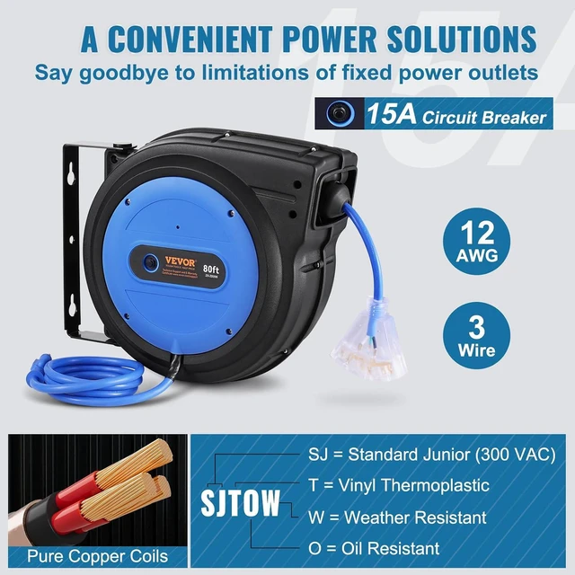 Alt view image 4 of 7 - VEVOR Retractable Extension Cord Reel, 80 FT, Heavy Duty 12AWG/3C SJTOW Retractable Power Cord with Lighted Triple Tap Outlet, 15 Amp Circuit Breaker 180° Swivel Bracket for Ceiling or Wall Mount