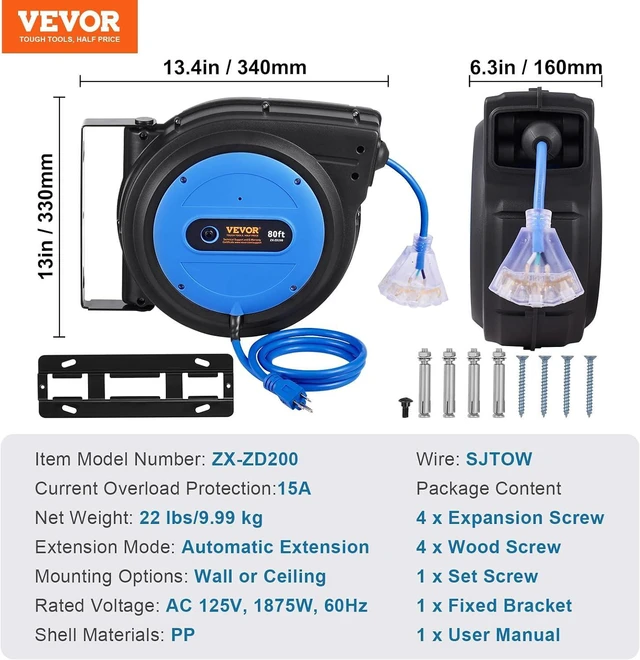 Alt view image 7 of 7 - VEVOR Retractable Extension Cord Reel, 80 FT, Heavy Duty 12AWG/3C SJTOW Retractable Power Cord with Lighted Triple Tap Outlet, 15 Amp Circuit Breaker 180° Swivel Bracket for Ceiling or Wall Mount