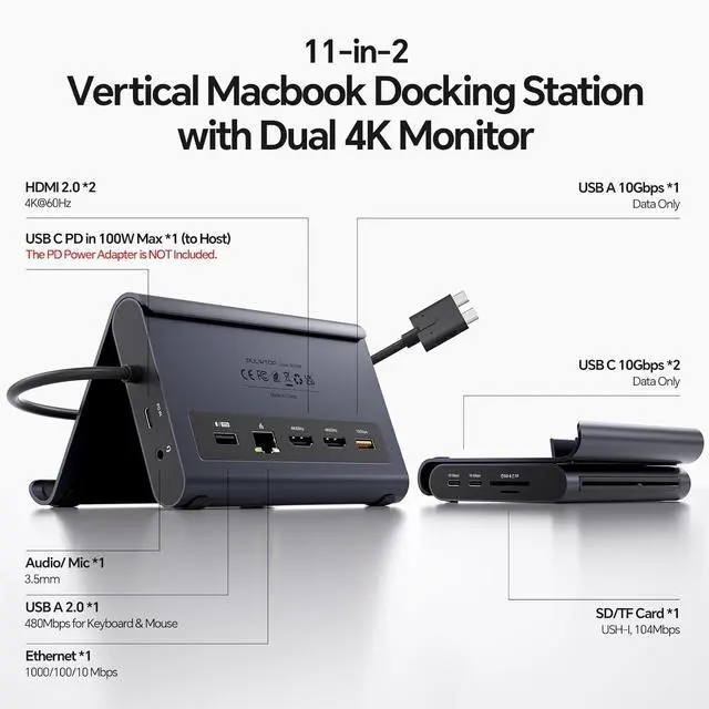 Alt view image 2 of 7 - MacBook Docking Station Dual Monitor 4K@60Hz, Vertical Laptop Stand with 2×HDMI, 100W PD, 10Gbps USB-C/A, Ethernet, Audio, SD/TF, USB C Dock for MacBook Pro/Air M4/M5 Midnight
