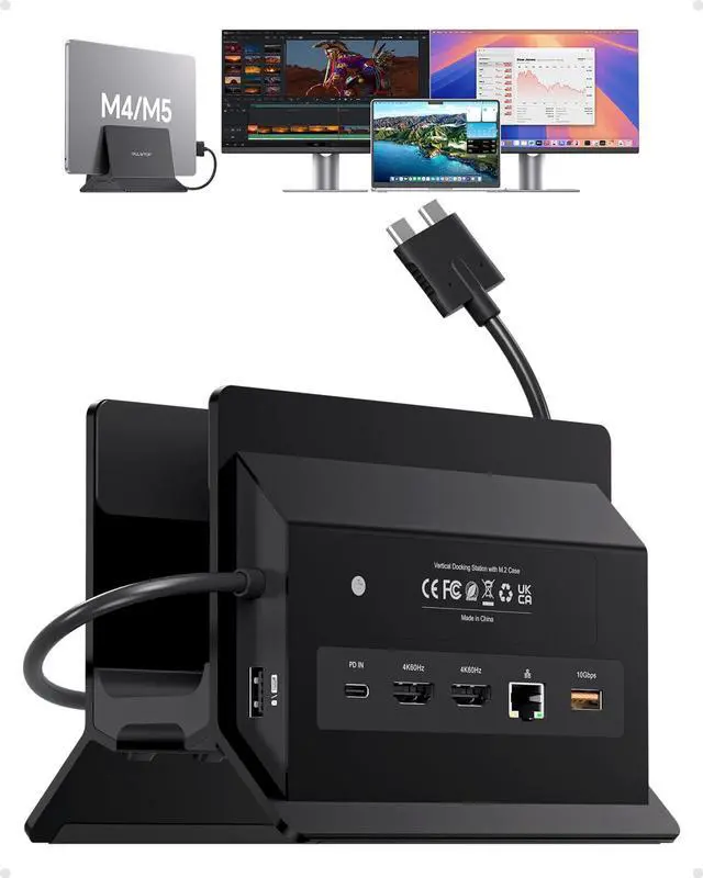 Main image of MacBook Docking Station Dual Monitor 4K@60Hz for MacBook Pro/Air M5/M4, Vertical Dock Stand with M.2 NVMe SSD Enclosure, 2 HDMI, 100W PD, 10Gbps USB A/C, Ethernet for Home & Office - Black